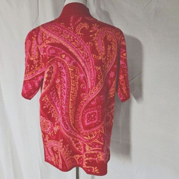 Isaac Mizrahi Live Bold Red & Pink Paisley Mock Turtleneck Short Sleeve Sweater - Picture 3 of 9